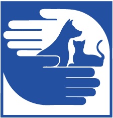 Cahuenga Pet hospital logo. Logo is two blue and white hands surrounding an outline of a blue dog and cat